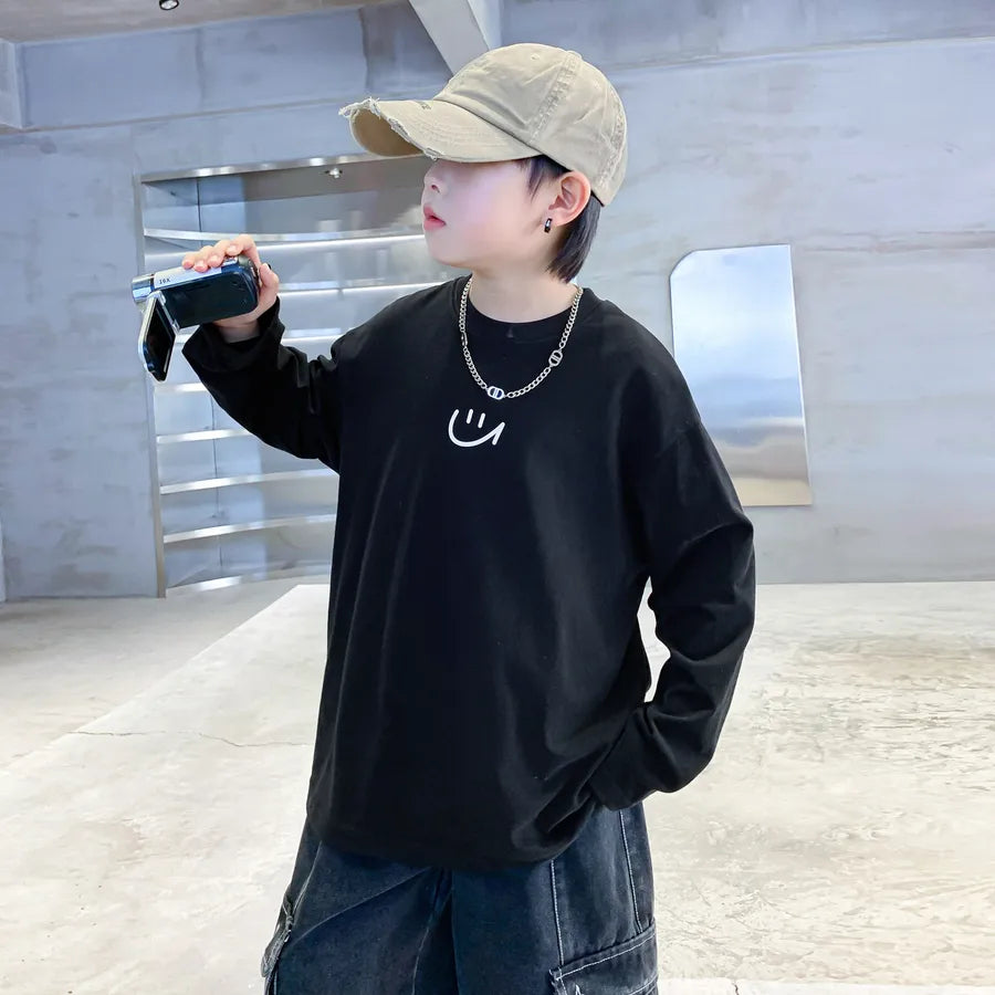 Trendy Brand Kids Long Sleeve Cotton T-shirt Autumn Clothes Base Layer Top For Boys Cartoon Print Round Neck Spring Autumn