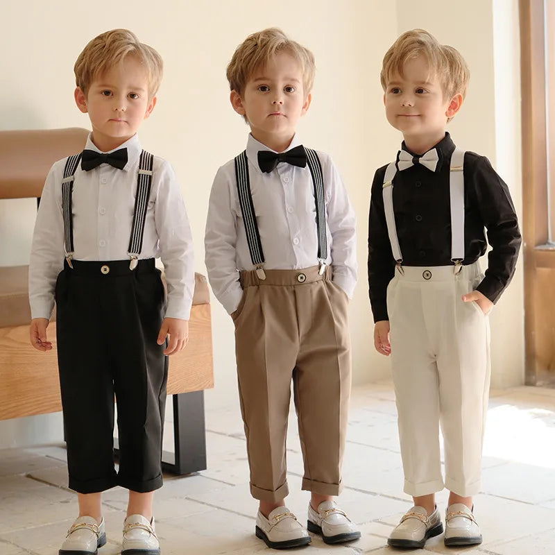 Children's dress spring and summer British suspender pants suit boys' casual shirt suit children's host performance photography clothing