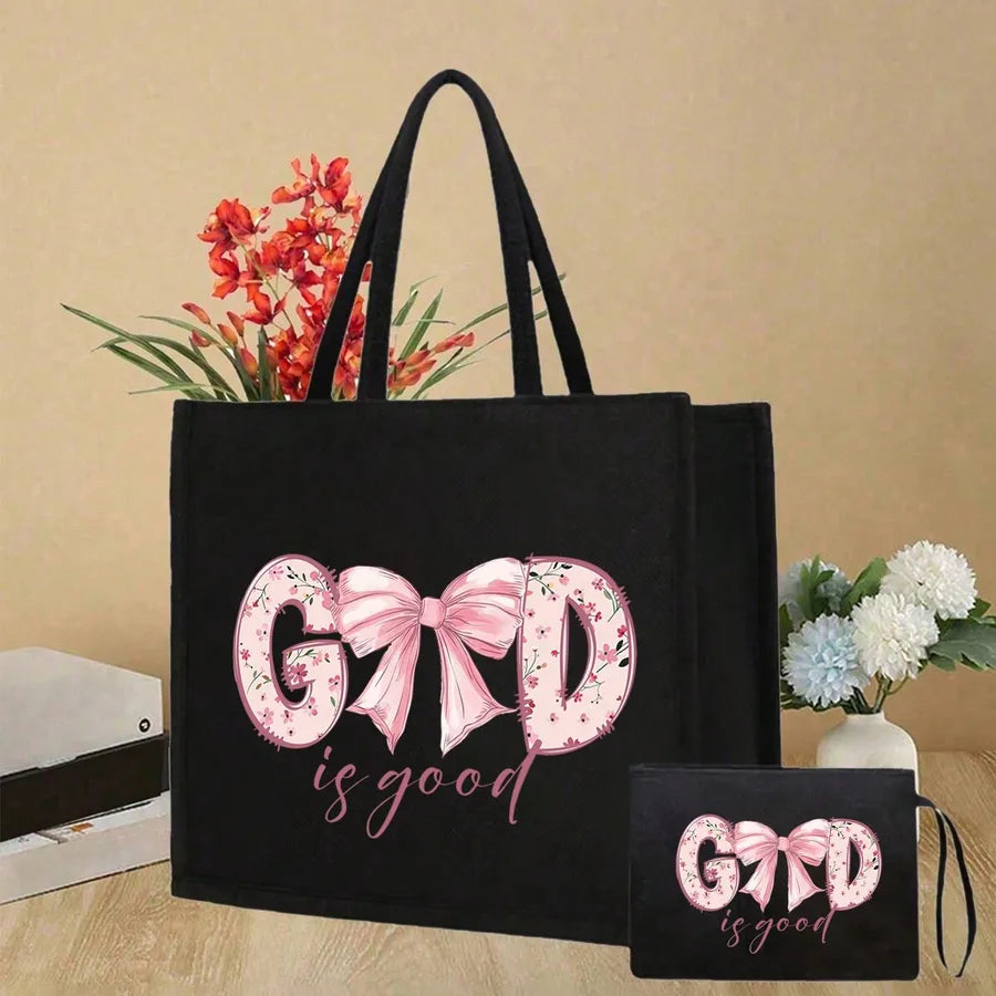 Square Polyester Tote Bag Set with Colorful Letter Print, Stylish Linen Handbag for Women