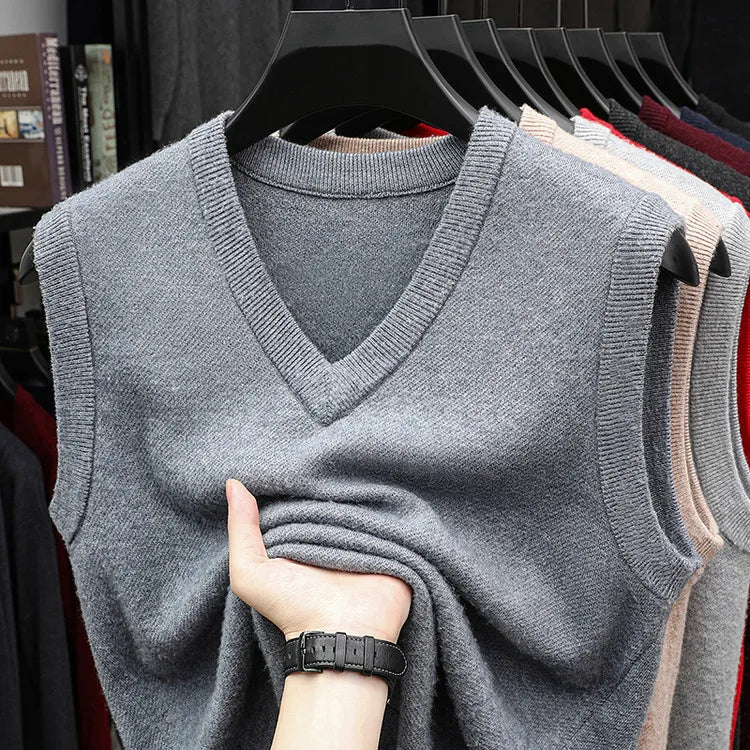 Men's Woolen Vest Thickened V-neck Knitted Sweater Autumn Winter Fashion Casual Dad Clothes Shoulder Pad Mid-young Men's Vest