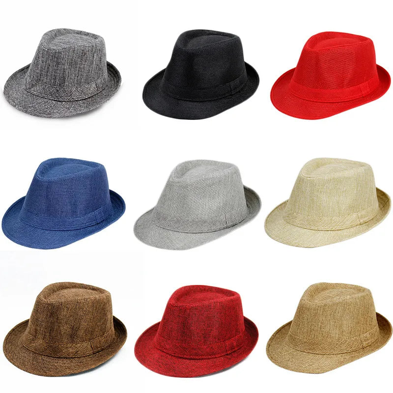 Linen Top Hat Panama Solid Color Jazz Hat Sun Hat for Men and Women Couple British Children Sunshade Hat