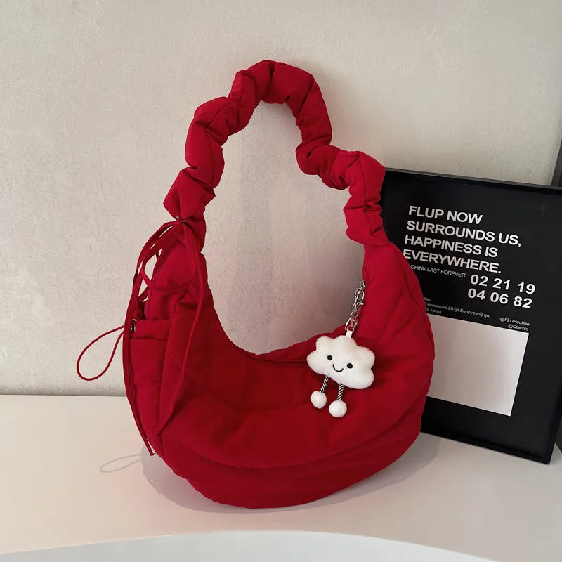 Casual Commuter Nylon Shoulder Bag Women's Large Capacity Slant Crossbody Bag Cloud Shape Underarm Bag Zipper Closure City Simple Style