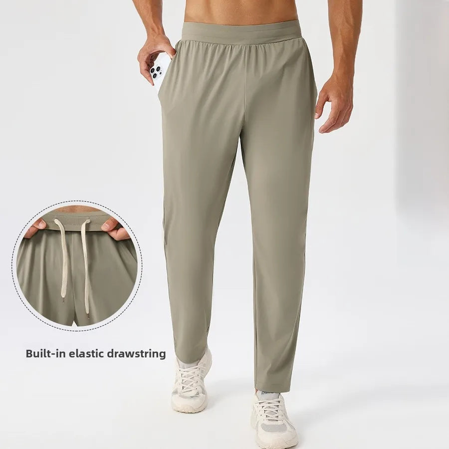 Men's Black Nylon Sweatpants with Elastic Waist, Full Length, Ideal for Running