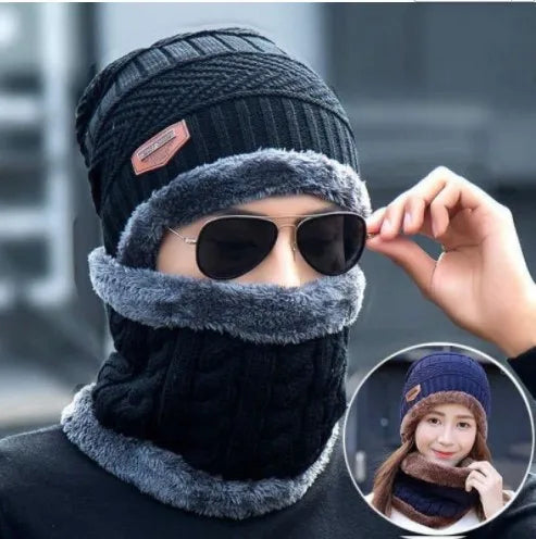 Winter scarf hat fleece-lined warm knitted hat outdoor cycling cold-proof winter wool hat men's pullover hat