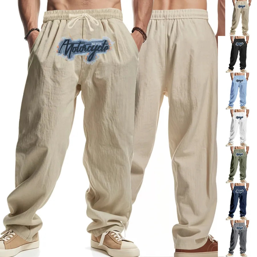 American Style Men's Linen Loose Wide Leg Hip Hop High Street Fashion Washed Embroidered Running Casual Sports Long Trousers
